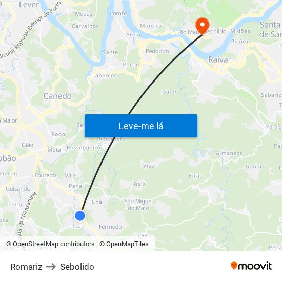 Romariz to Sebolido map