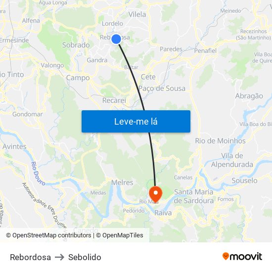 Rebordosa to Sebolido map