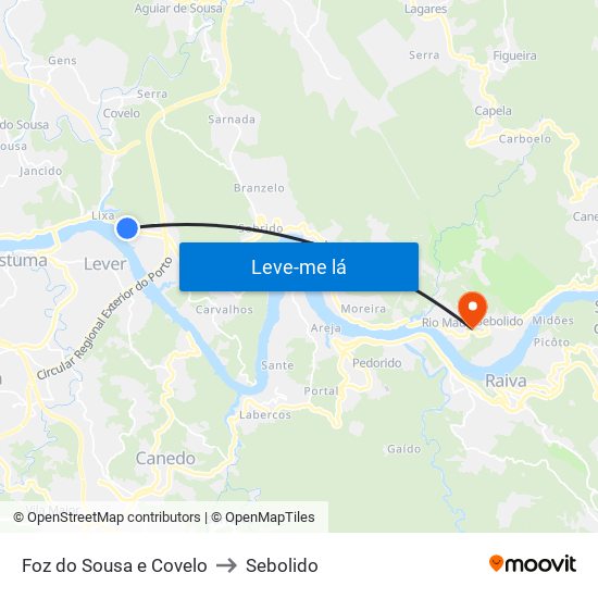 Foz do Sousa e Covelo to Sebolido map