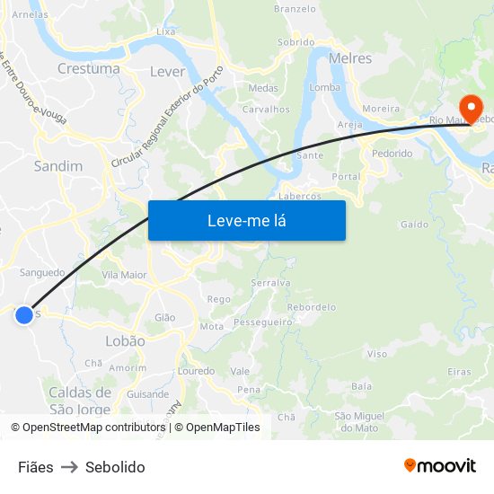 Fiães to Sebolido map