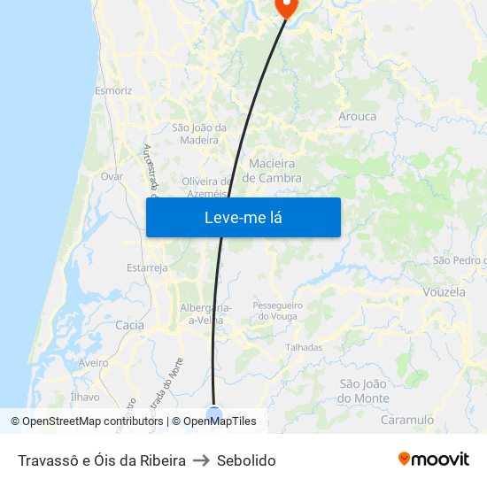 Travassô e Óis da Ribeira to Sebolido map