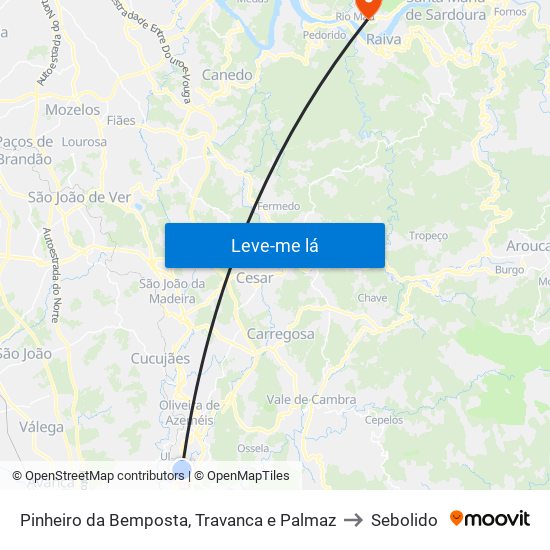 Pinheiro da Bemposta, Travanca e Palmaz to Sebolido map