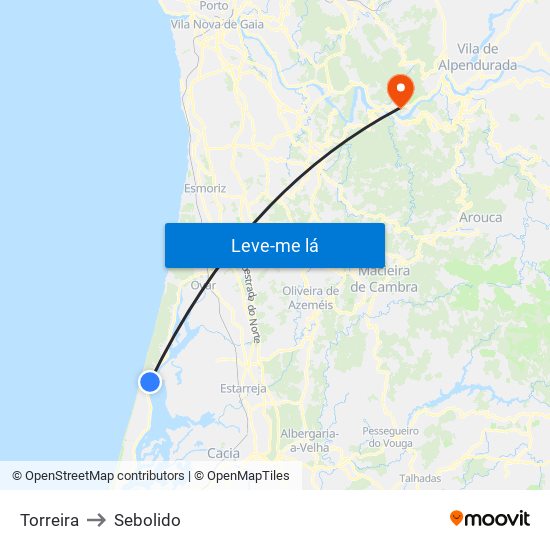 Torreira to Sebolido map