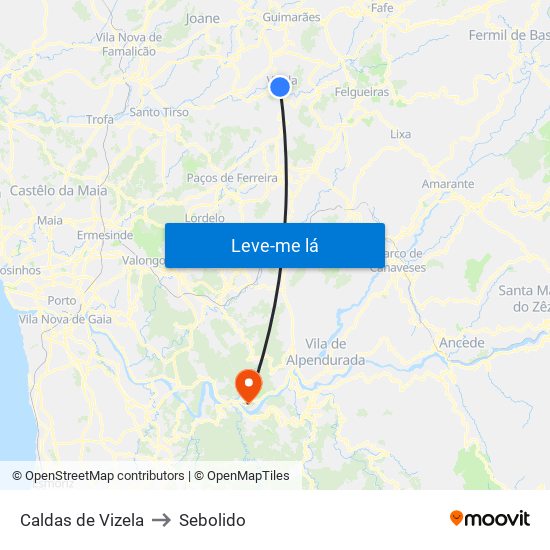 Caldas de Vizela to Sebolido map