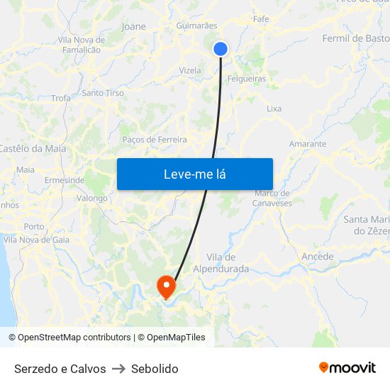 Serzedo e Calvos to Sebolido map