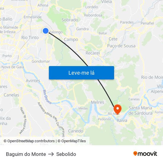 Baguim do Monte to Sebolido map