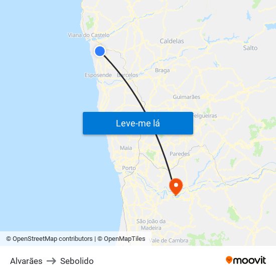 Alvarães to Sebolido map