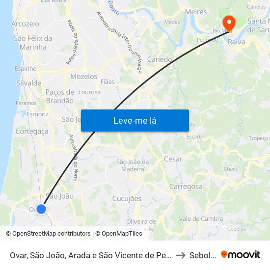 Ovar, São João, Arada e São Vicente de Pereira Jusã to Sebolido map