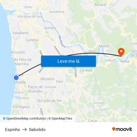 Espinho to Sebolido map