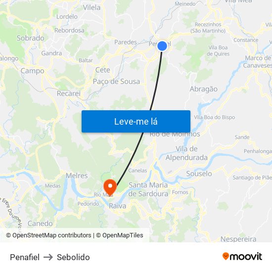 Penafiel to Sebolido map