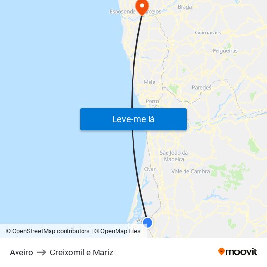 Aveiro to Creixomil e Mariz map