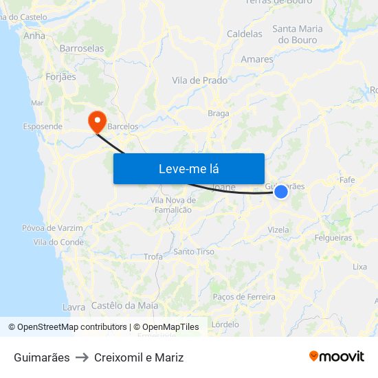 Guimarães to Creixomil e Mariz map