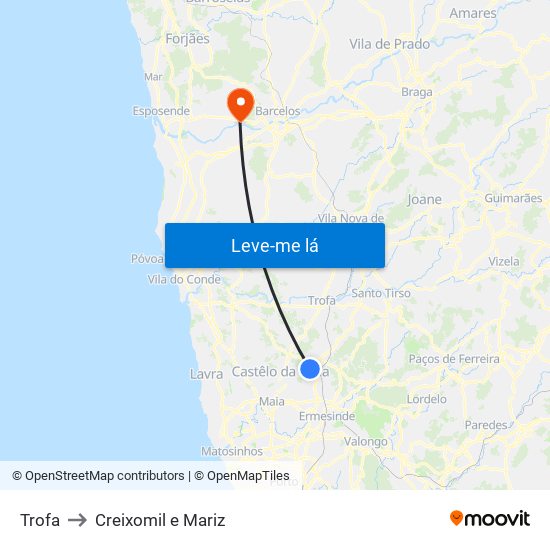 Trofa to Creixomil e Mariz map