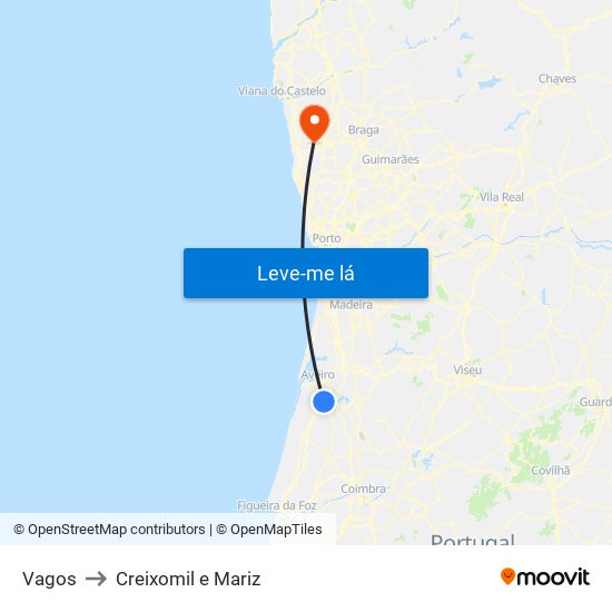 Vagos to Creixomil e Mariz map