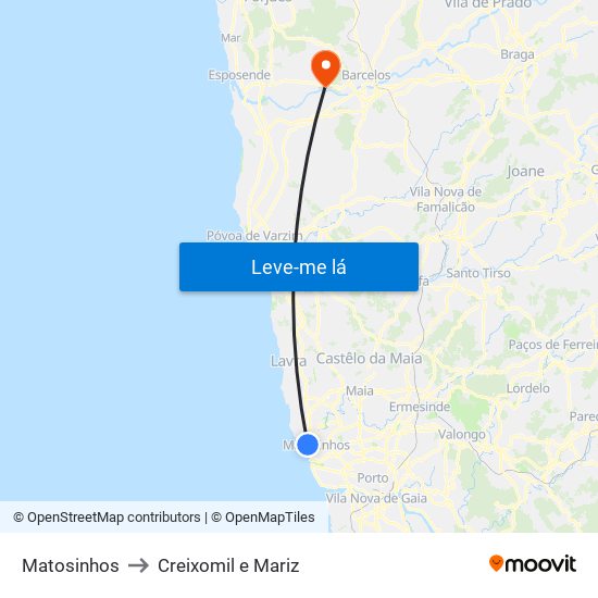 Matosinhos to Creixomil e Mariz map