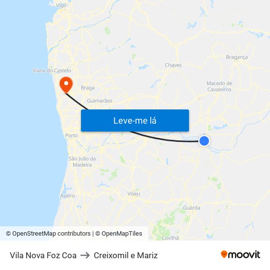 Vila Nova Foz Coa to Creixomil e Mariz map