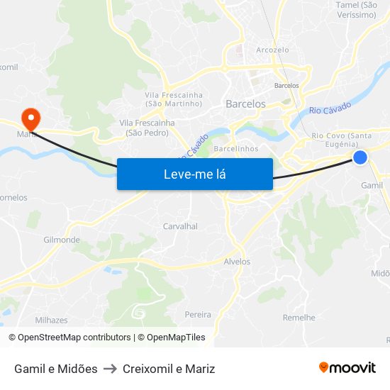 Gamil e Midões to Creixomil e Mariz map