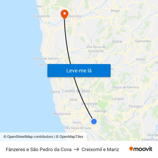 Fânzeres e São Pedro da Cova to Creixomil e Mariz map