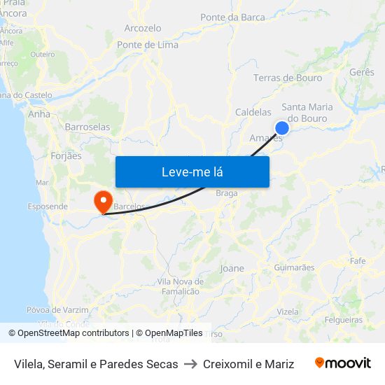 Vilela, Seramil e Paredes Secas to Creixomil e Mariz map