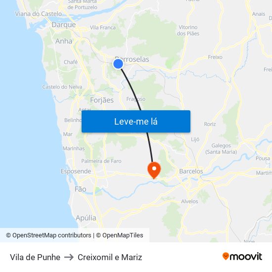 Vila de Punhe to Creixomil e Mariz map