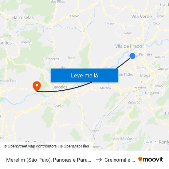 Merelim (São Paio), Panoias e Parada de Tibães to Creixomil e Mariz map