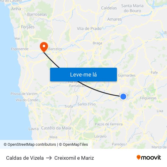 Caldas de Vizela to Creixomil e Mariz map