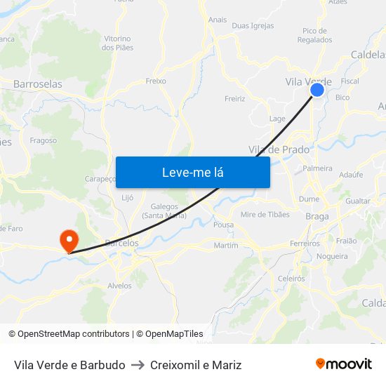 Vila Verde e Barbudo to Creixomil e Mariz map