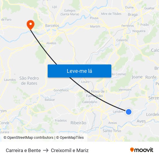 Carreira e Bente to Creixomil e Mariz map