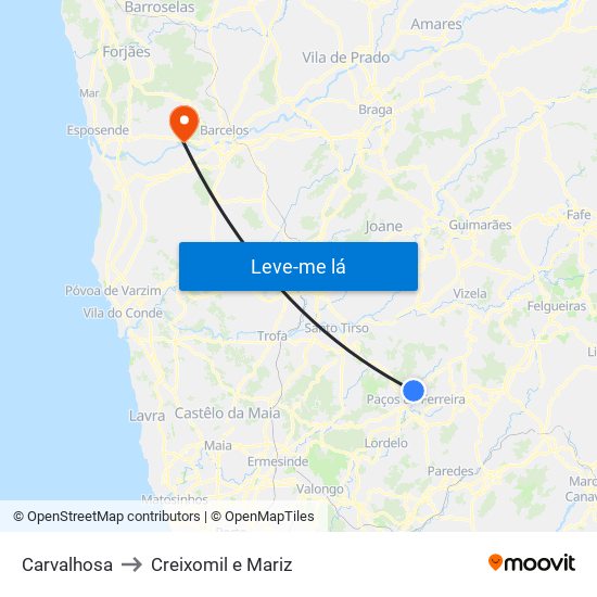 Carvalhosa to Creixomil e Mariz map