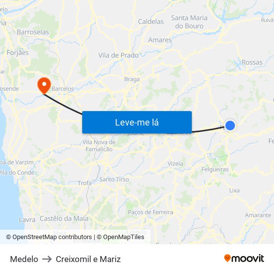 Medelo to Creixomil e Mariz map