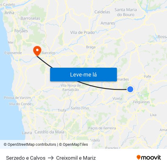 Serzedo e Calvos to Creixomil e Mariz map