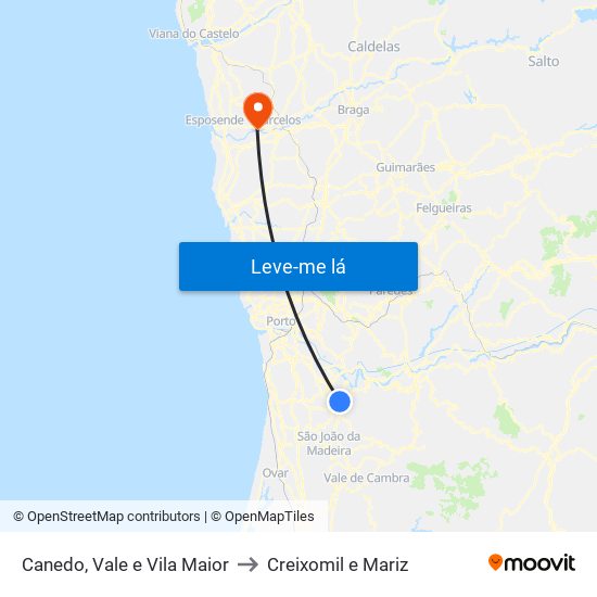 Canedo, Vale e Vila Maior to Creixomil e Mariz map