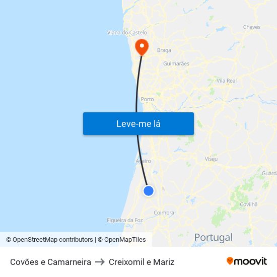 Covões e Camarneira to Creixomil e Mariz map