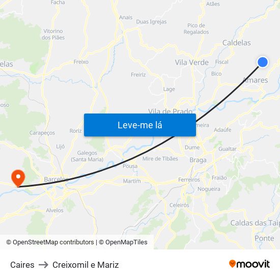 Caires to Creixomil e Mariz map