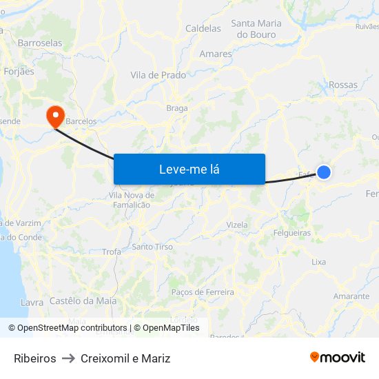 Ribeiros to Creixomil e Mariz map