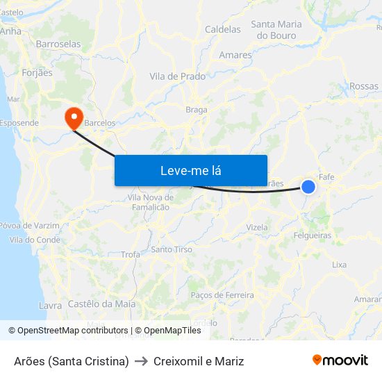 Arões (Santa Cristina) to Creixomil e Mariz map