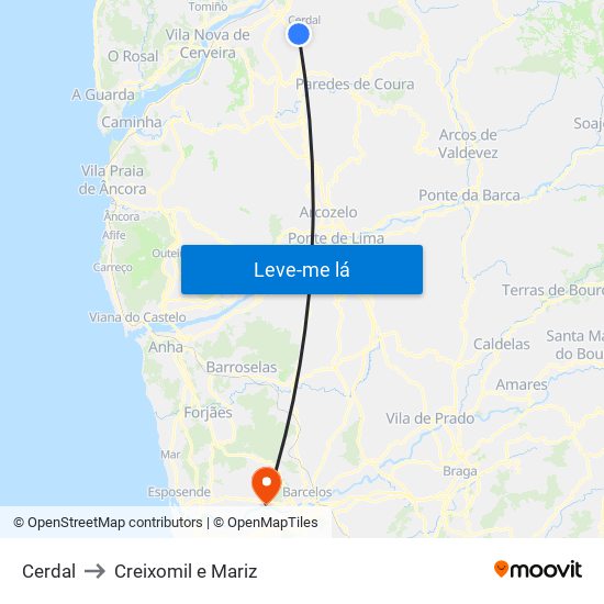 Cerdal to Creixomil e Mariz map