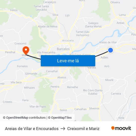 Areias de Vilar e Encourados to Creixomil e Mariz map