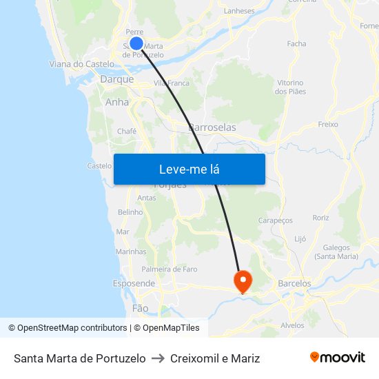 Santa Marta de Portuzelo to Creixomil e Mariz map