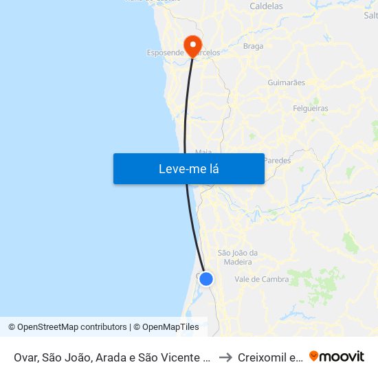 Ovar, São João, Arada e São Vicente de Pereira Jusã to Creixomil e Mariz map