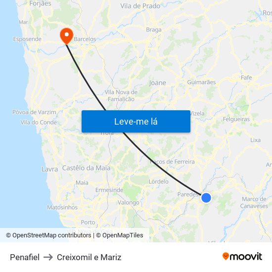 Penafiel to Creixomil e Mariz map