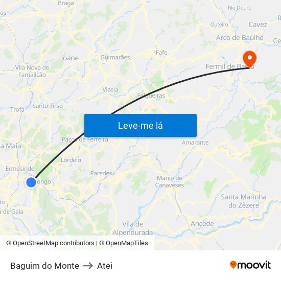 Baguim do Monte to Atei map