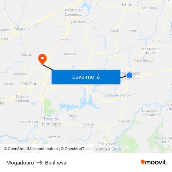 Mogadouro to Benlhevai map