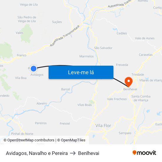 Avidagos, Navalho e Pereira to Benlhevai map