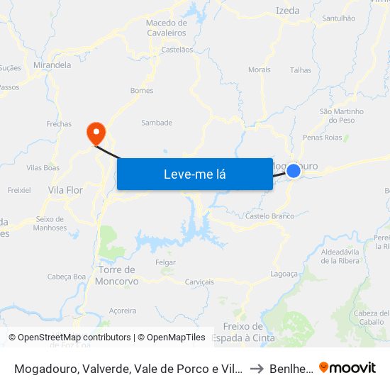 Mogadouro, Valverde, Vale de Porco e Vilar de Rei to Benlhevai map