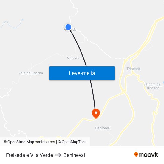 Freixeda e Vila Verde to Benlhevai map