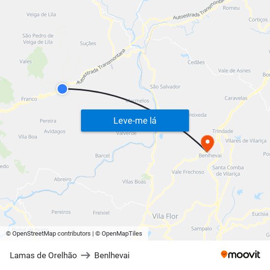 Lamas de Orelhão to Benlhevai map