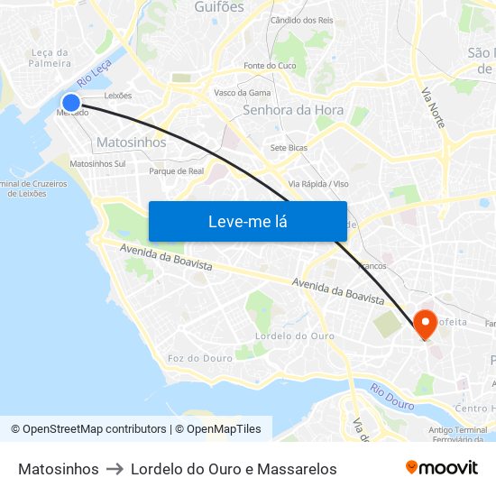 Matosinhos to Lordelo do Ouro e Massarelos map