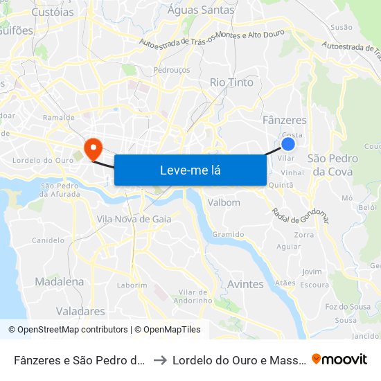 Fânzeres e São Pedro da Cova to Lordelo do Ouro e Massarelos map