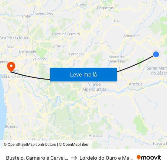 Bustelo, Carneiro e Carvalho de Rei to Lordelo do Ouro e Massarelos map